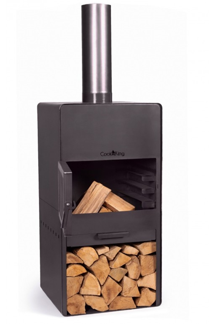 Gartenkamin "Vento" Gartenofen H 150 cm zum Grillen Heizen Terrassenofen mit Kaminregal Naturstahl