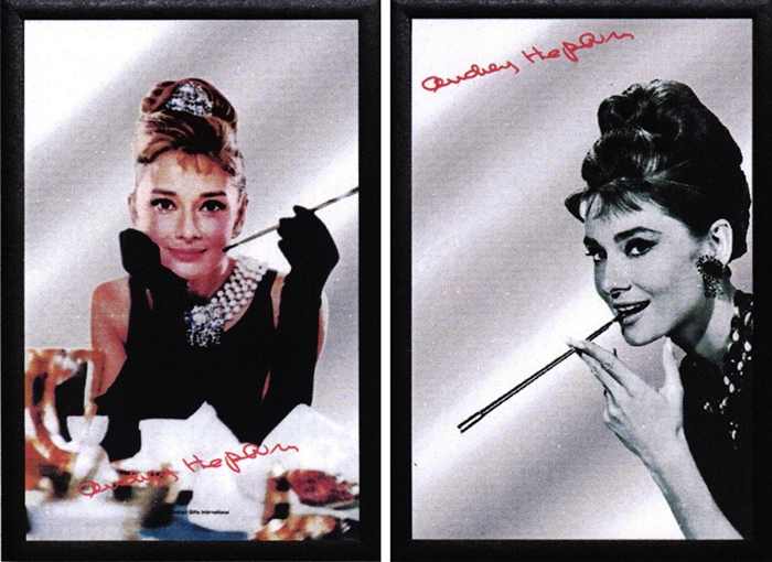 Set: 2 Spiegelbilder Audrey Hepburn 30x20 cm Wandbilder Hinterglasdruck mit schwarzem Rahmen