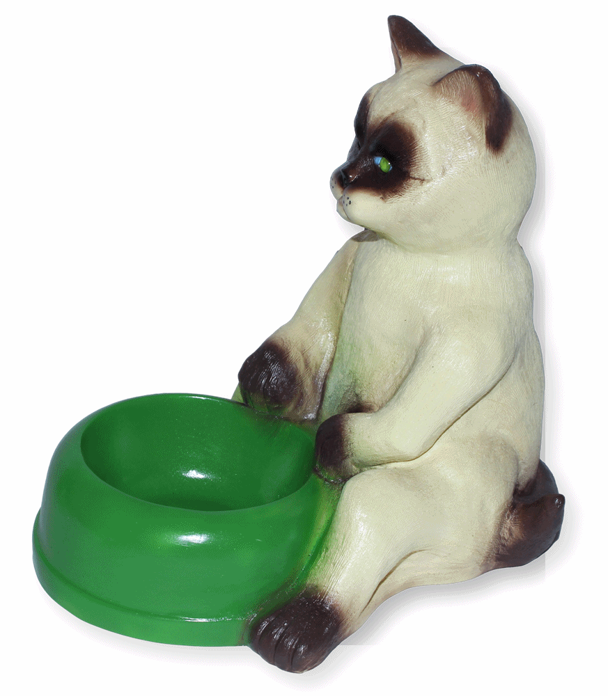 Deko Figur Dekofigur Tierfigur Katze Siamkatze mit grünem Fressnapf Trinknapf aus Kunststoff H 29 cm