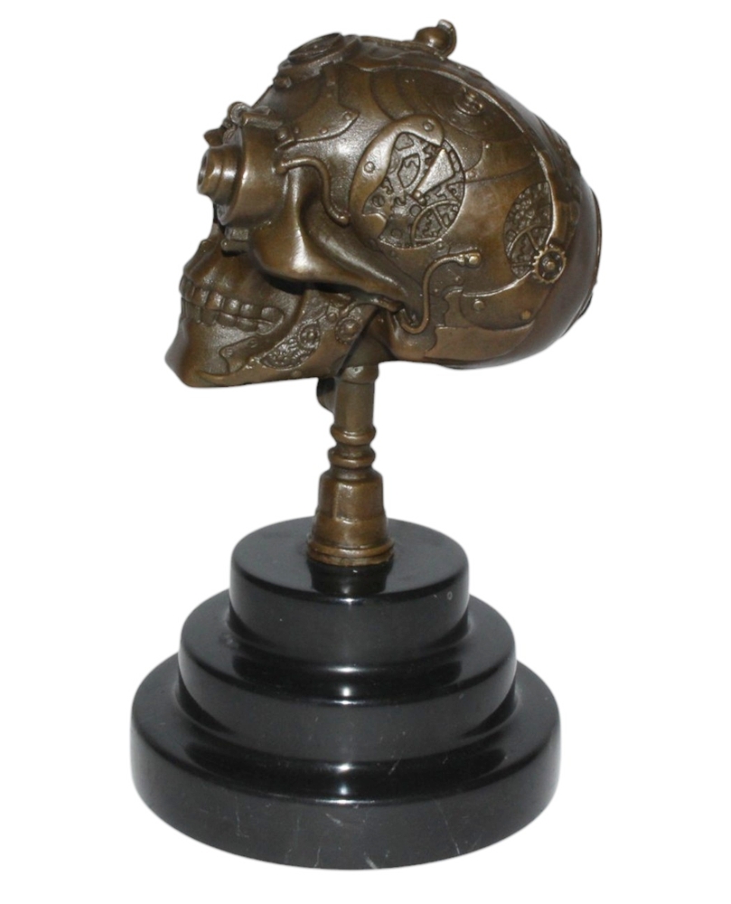 Bronzefigur Bronzeskulptur Bronze Steampunk Schädel auf Sockel Höhe 19 cm Skelett Figur