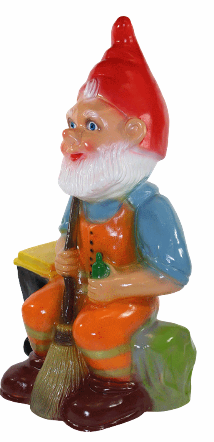Gartenzwerg Deko Garten Figur Zwerg Straßenkehrer sitzend mit Besen aus Kunststoff H 46 cm