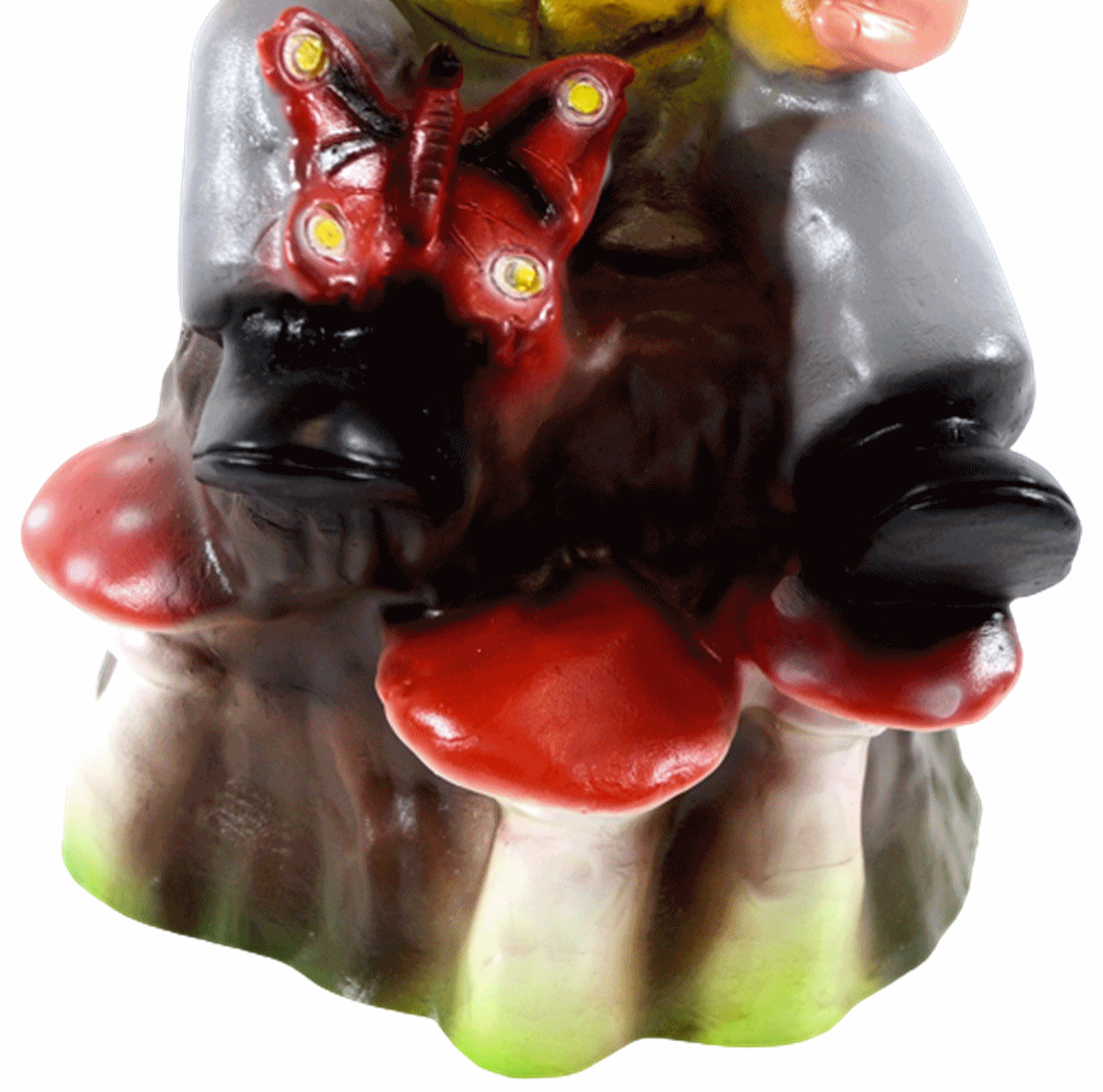 Gartenzwerg Deko Figur Zwerg auf Baumstamm mit Schmetterling u.Pilzen sitzend aus Kunststoff H 36 cm