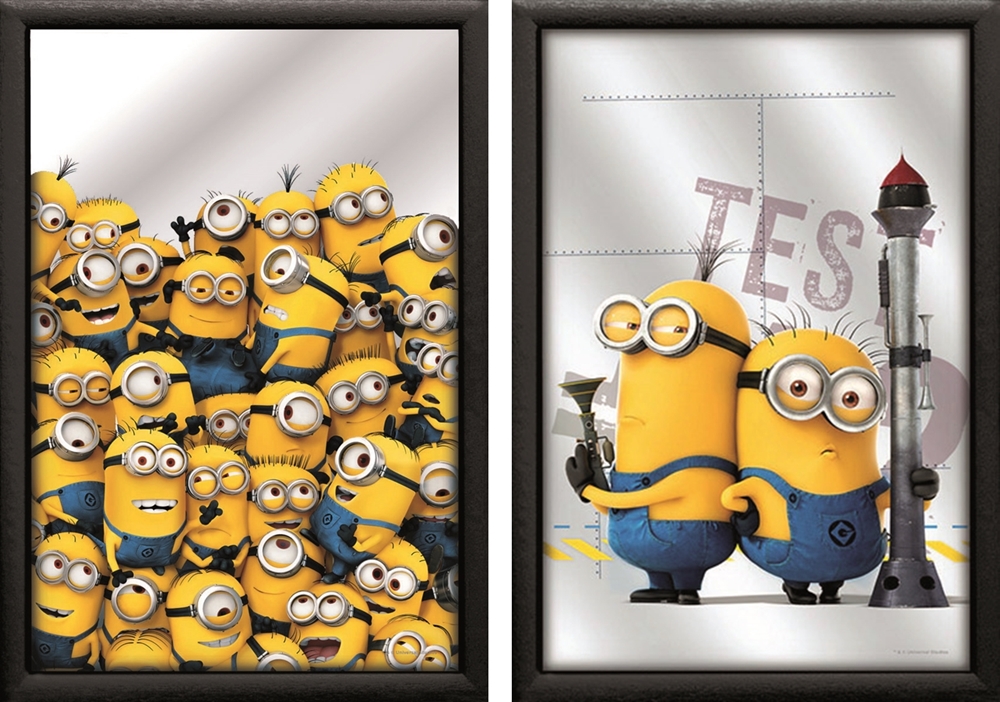 Set: 2 Spiegelbilder Minions Kinderzimmer Deko 30x20 cm Wandbilder Hinterglasdruck mit Rahmen