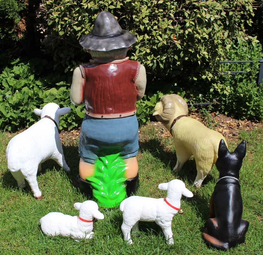 Deko Garten Figur Gartenfigur Hirte mit Schäferhund, Widder, Schaf, Lämmlein aus Kunststoff