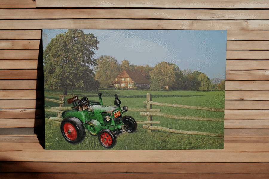 Nostalgie Landhaus Stil LED-Wandbild Traktor mit Farmhaus 40x60 cm Leinwandbild