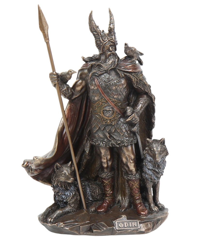 Dekofigur Odin H 25 cm Skulptur Nordischer Gott mit Raben & Wölfen detailreiche Mythologie Figur