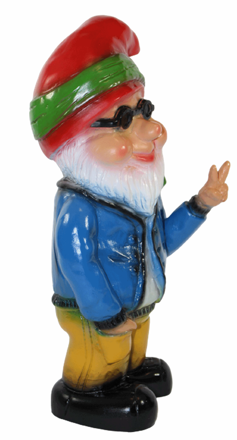 Gartenzwerg Deko Garten Figur Zwerg stehend Cool Hippie mit Stirnband aus Kunststoff H 33 cm