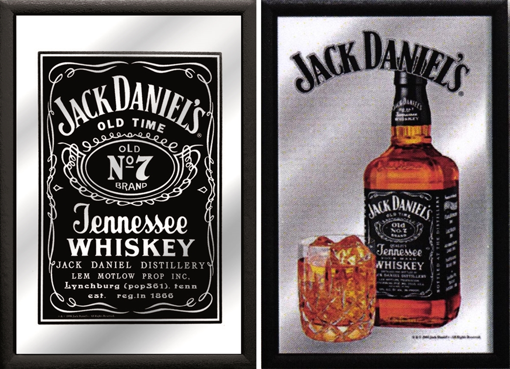 Set: 2 Spiegelbilder Jack Daniel's Whisky Flasche Glas Emblem 30x20 cm Hinterglasdruck mit Rahmen