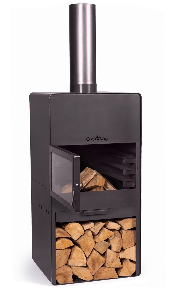 Gartenkamin "Vento" Gartenofen mit gehärtetem Glas H 150 cm zum Heizen und Grillen mit Kaminregal