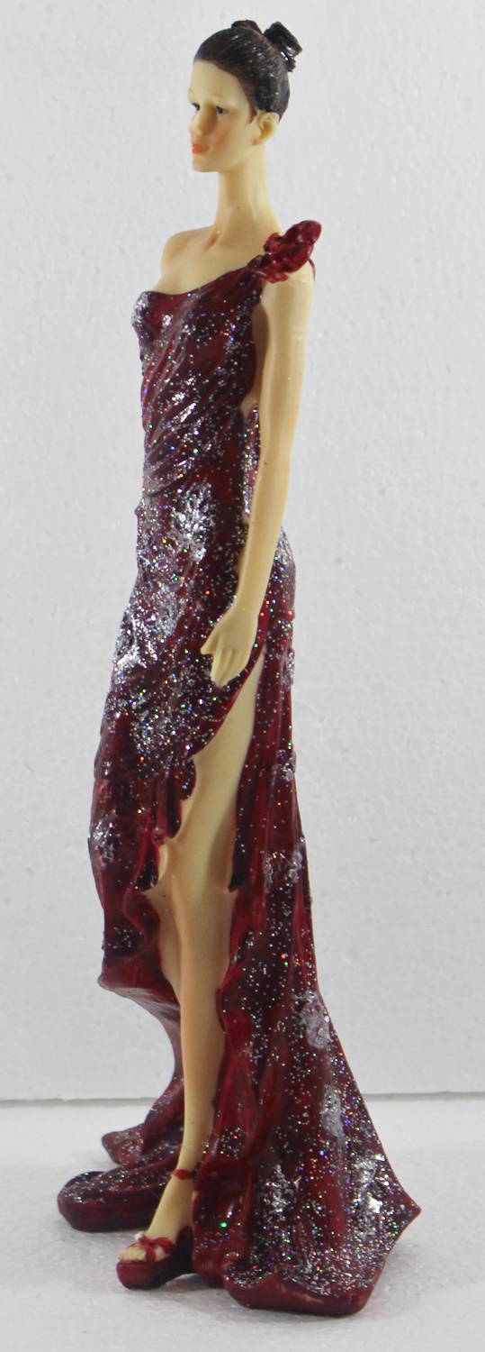 Beauty Figur Deko Modefigur Modepuppe Nostalgiefigur Dame roten Kleid mit Blume aus Resin H 33 cm