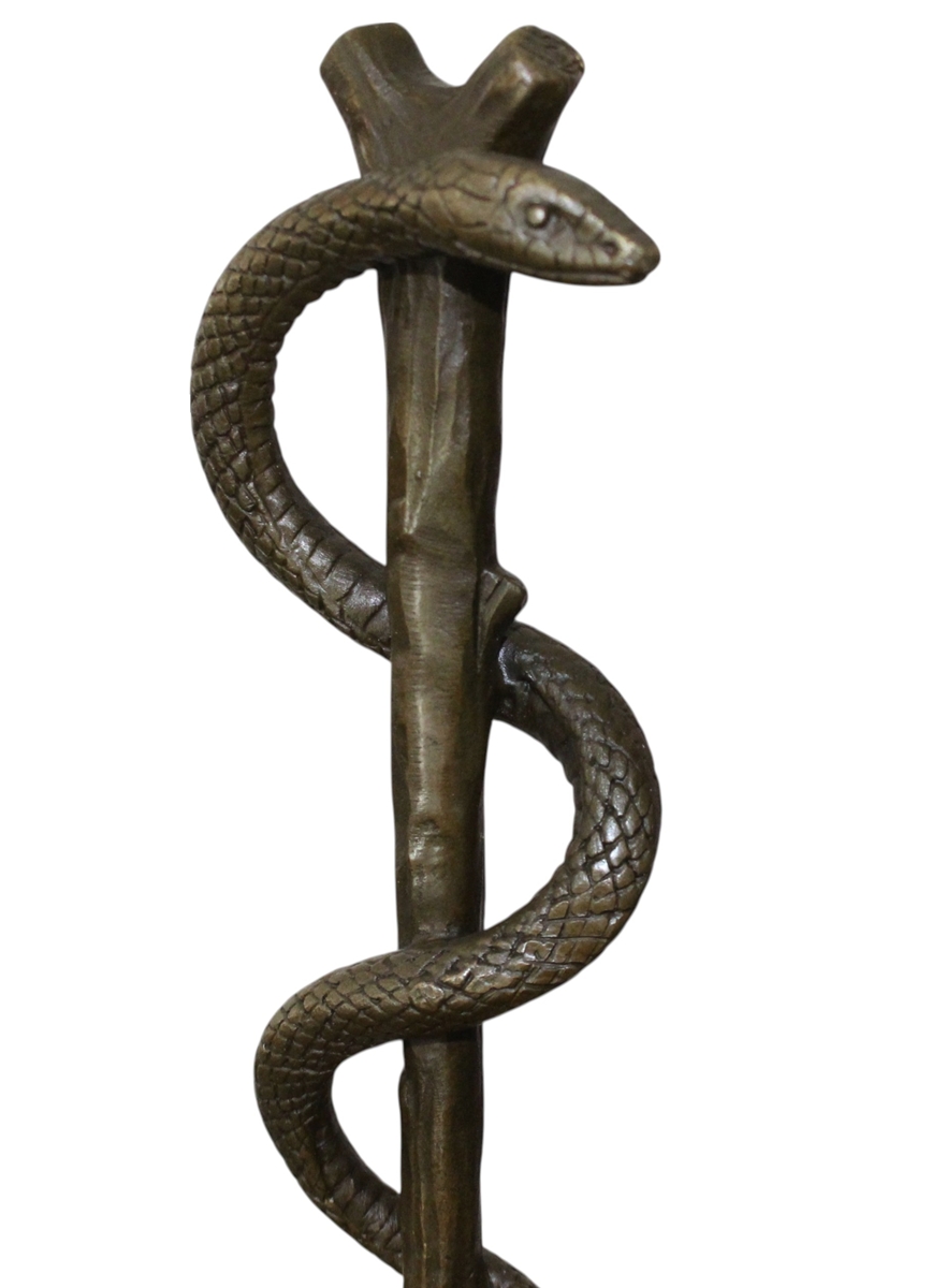 Bronzefigur Bronzeskulptur Äskulapstab Schlange aus Bronze auf Sockel H 38 cm Deko Figur