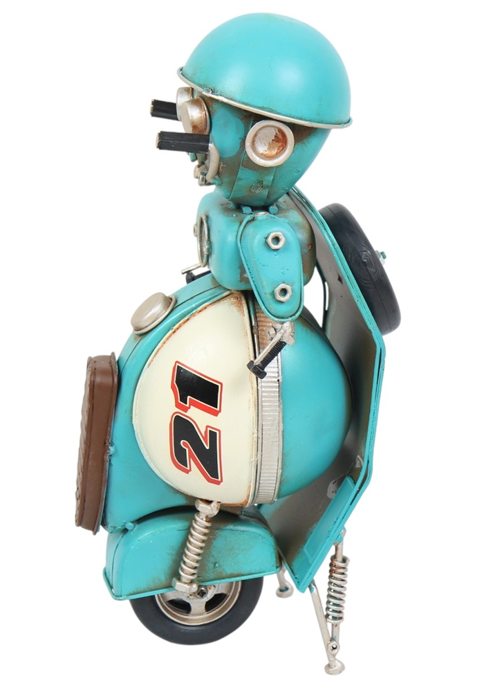 Retro Roboter H 28,5 cm Blechmodell Dekofigur in Türkis Vintage Metallkunst im 50er-Jahre Stil