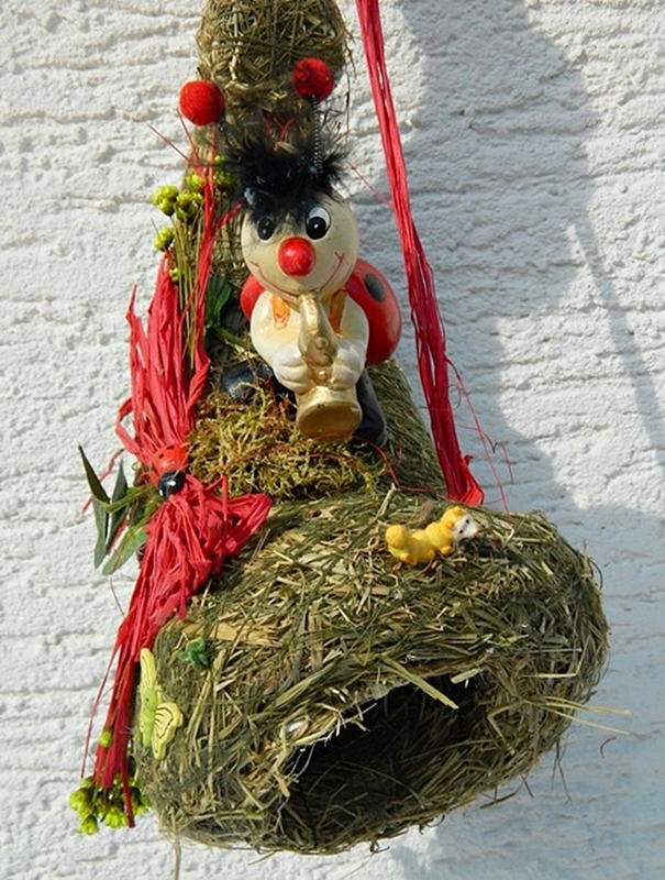 Deko Heu Figur Trompete zum Aufhängen mit Marienkäfer Türdeko Türschmuck Heudeko Basteln