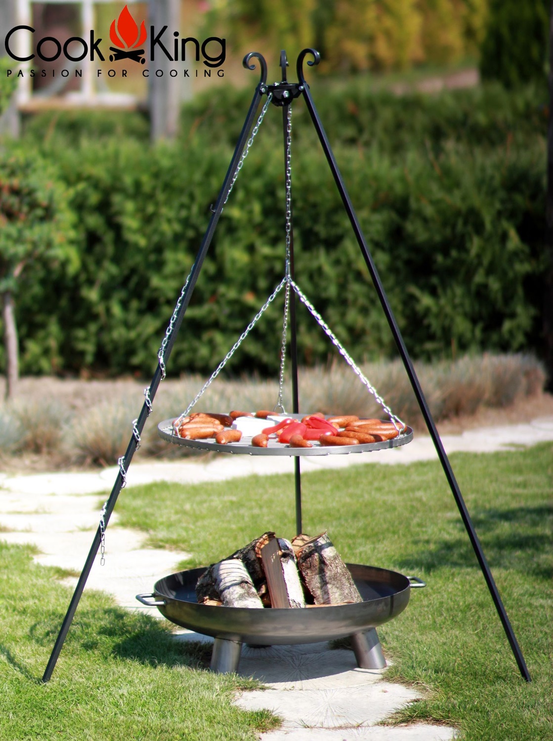 Set: Dreibein H 180 cm mit Grillrost Ø 50 cm Edelstahl + Feuerschale "Bali" Ø 60 cm Schwenkgrill