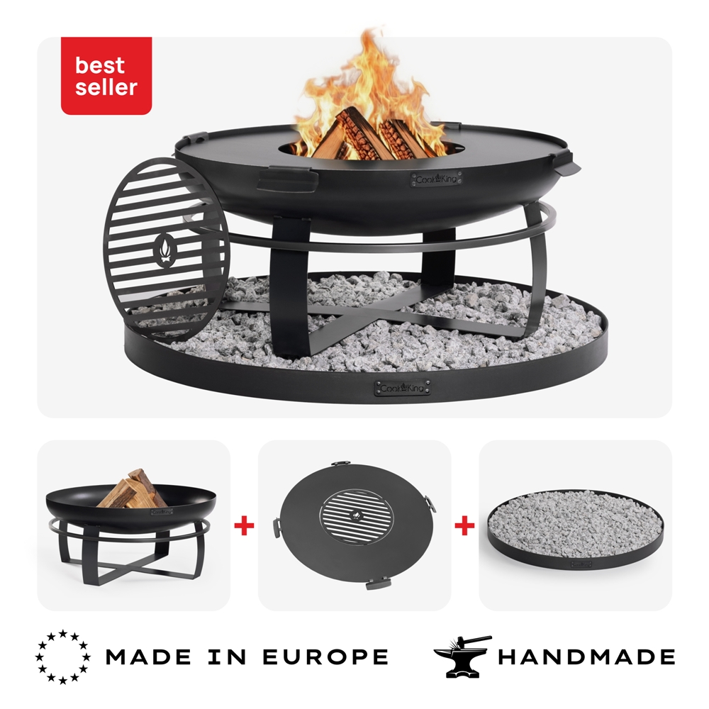 Feuerschale 80 cm SET VIKING mit Grillplatte 78 cm, Grillrost & Steinbasis 100 cm – Feuerstelle & Grill