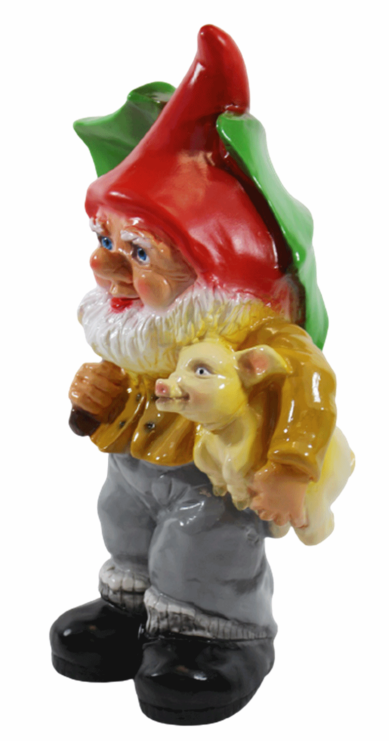 Gartenzwerg Deko Garten Figur Zwerg stehend mit Glücksschwein und Schirm aus Kunststoff H 34 cm