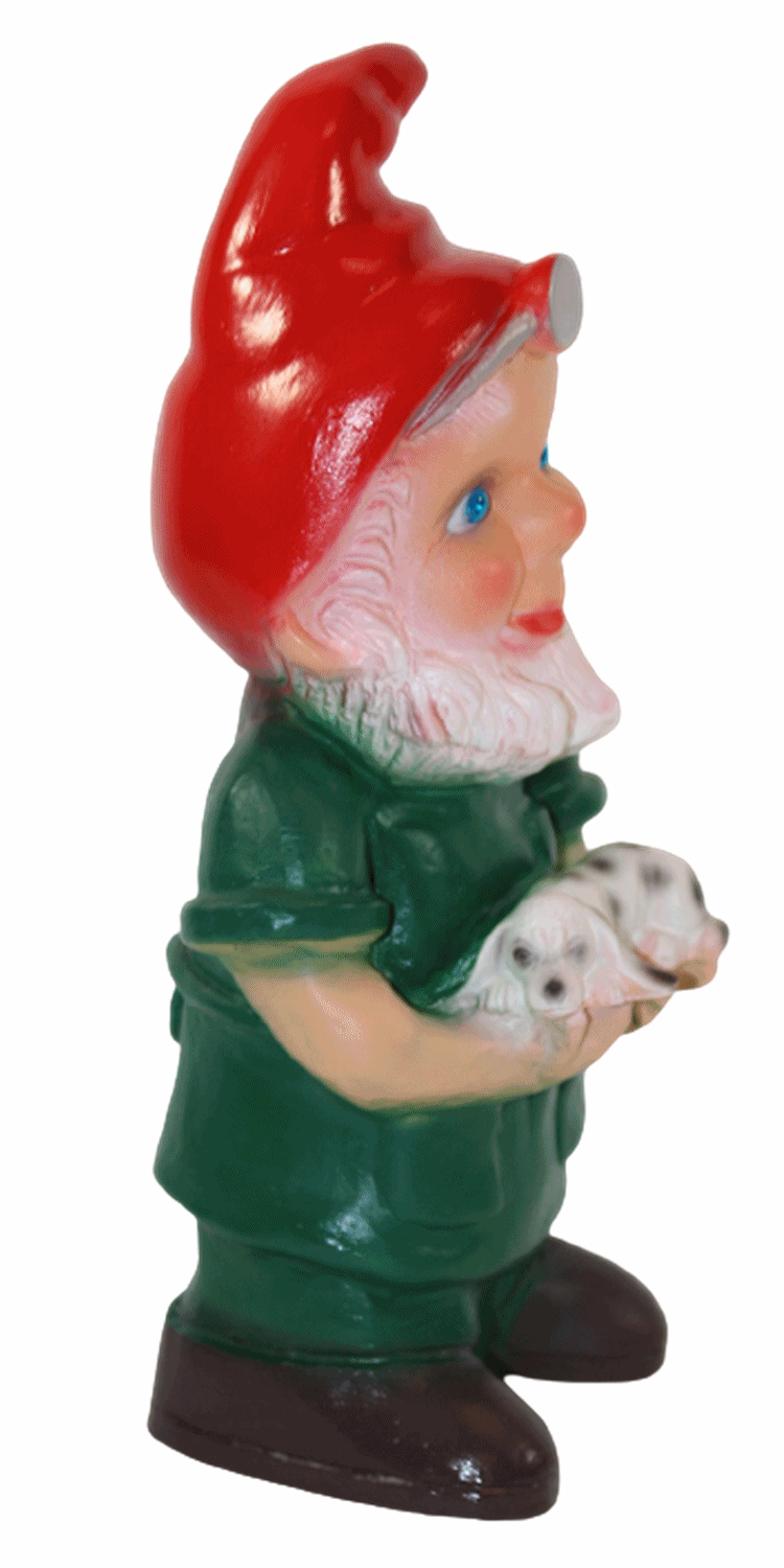 Gartenzwerg Deko Garten Figur Zwerg Tierarzt stehend mit Hund in Händen aus Kunststoff H 23 cm