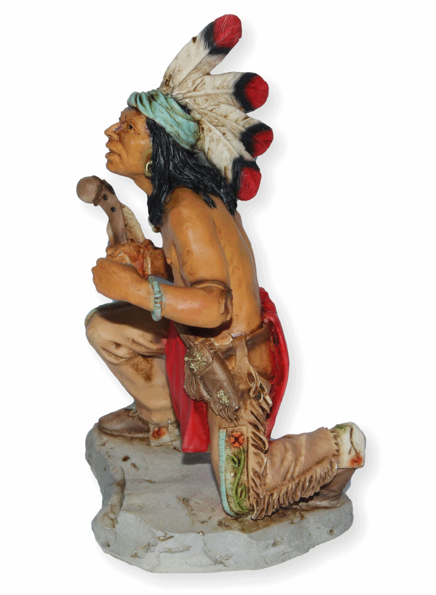 Indianerfigur Indianer Ottawa Anführer Chief Pontiac Skulptur H 14 cm geduckt mit Kopfschmuck