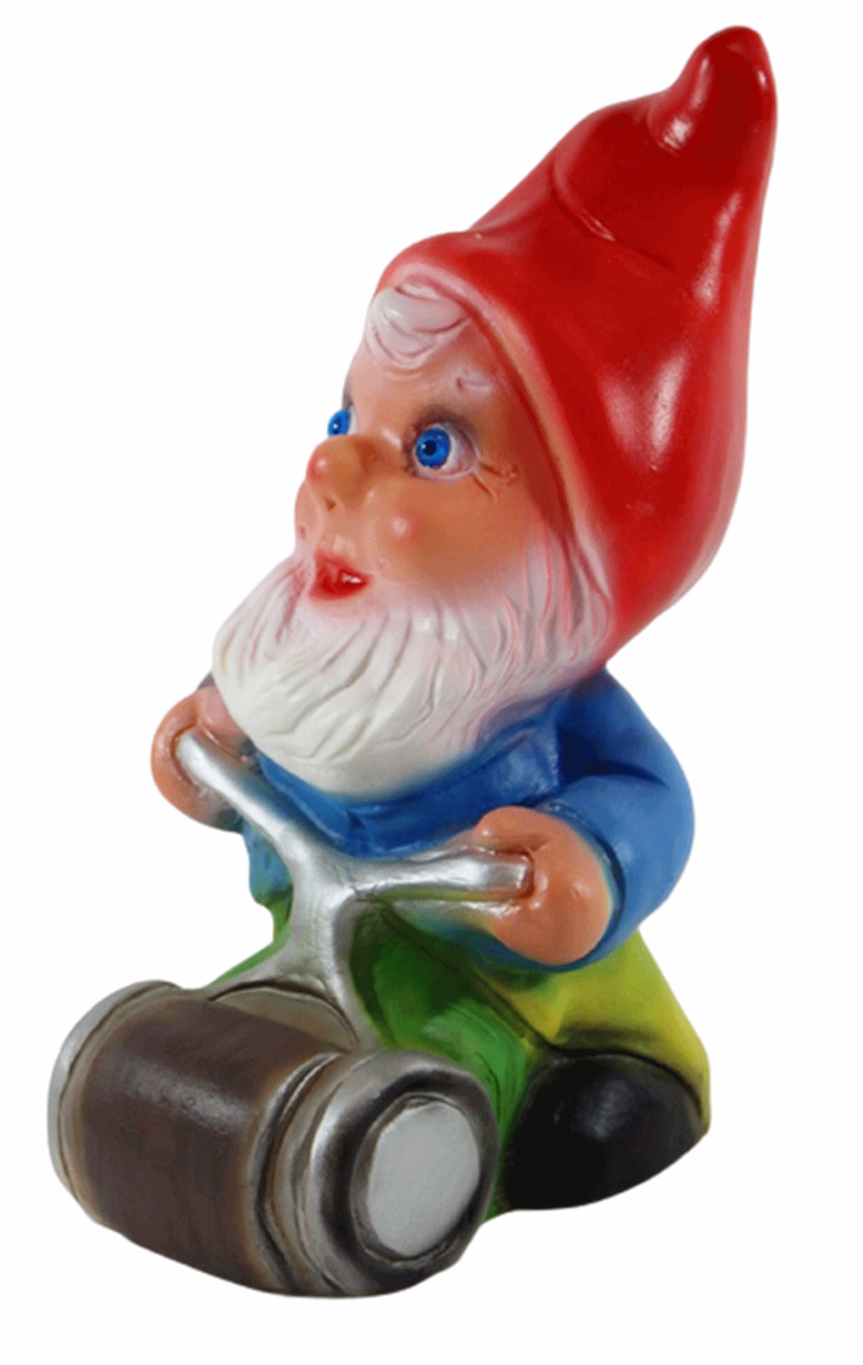 Gartenzwerg Deko Garten Figur Zwerg Gärtner mit Rasenmäher stehend aus Kunststoff Höhe 19 cm