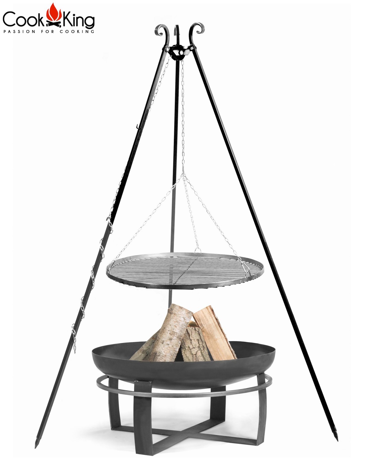 Set: Dreibein H 180 cm mit Grillrost Ø 50 cm aus Rohstahl + Feuerschale "Viking" Ø 60 cm Grillen