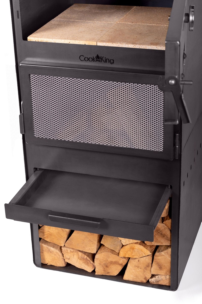 Gartenkamin "Vento" Pizza-Gartenofen H 150 cm zum Grillen Heizen mit Backfach und Kaminregal