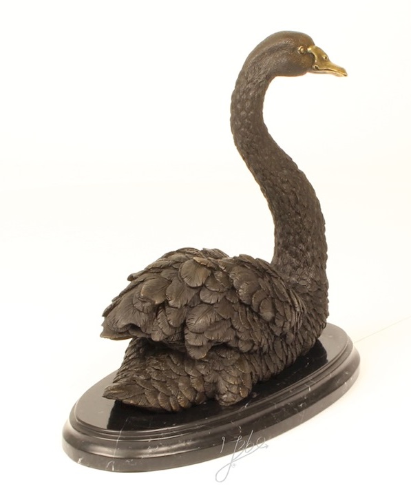 Bronzefigur Bronzeskulptur Bronze Schwan schwimmend auf Sockel H 31 cm Bronze Figur