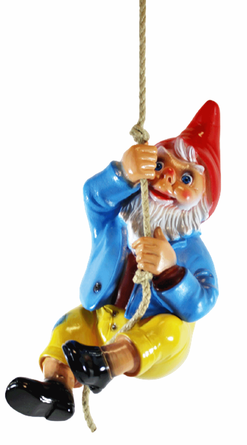 Gartenzwerg Deko Gartenfigur Zwerg am Seil hängend kletternd H 38 cm ohne Seil aus Kunststoff