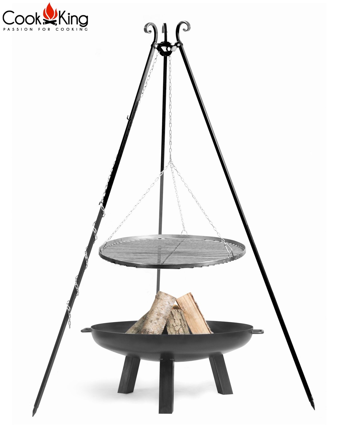 Set: Dreibein H 180 cm mit Grillrost Ø 50 cm aus Rohstahl + Feuerschale "Polo" Ø 60 cm Grillen