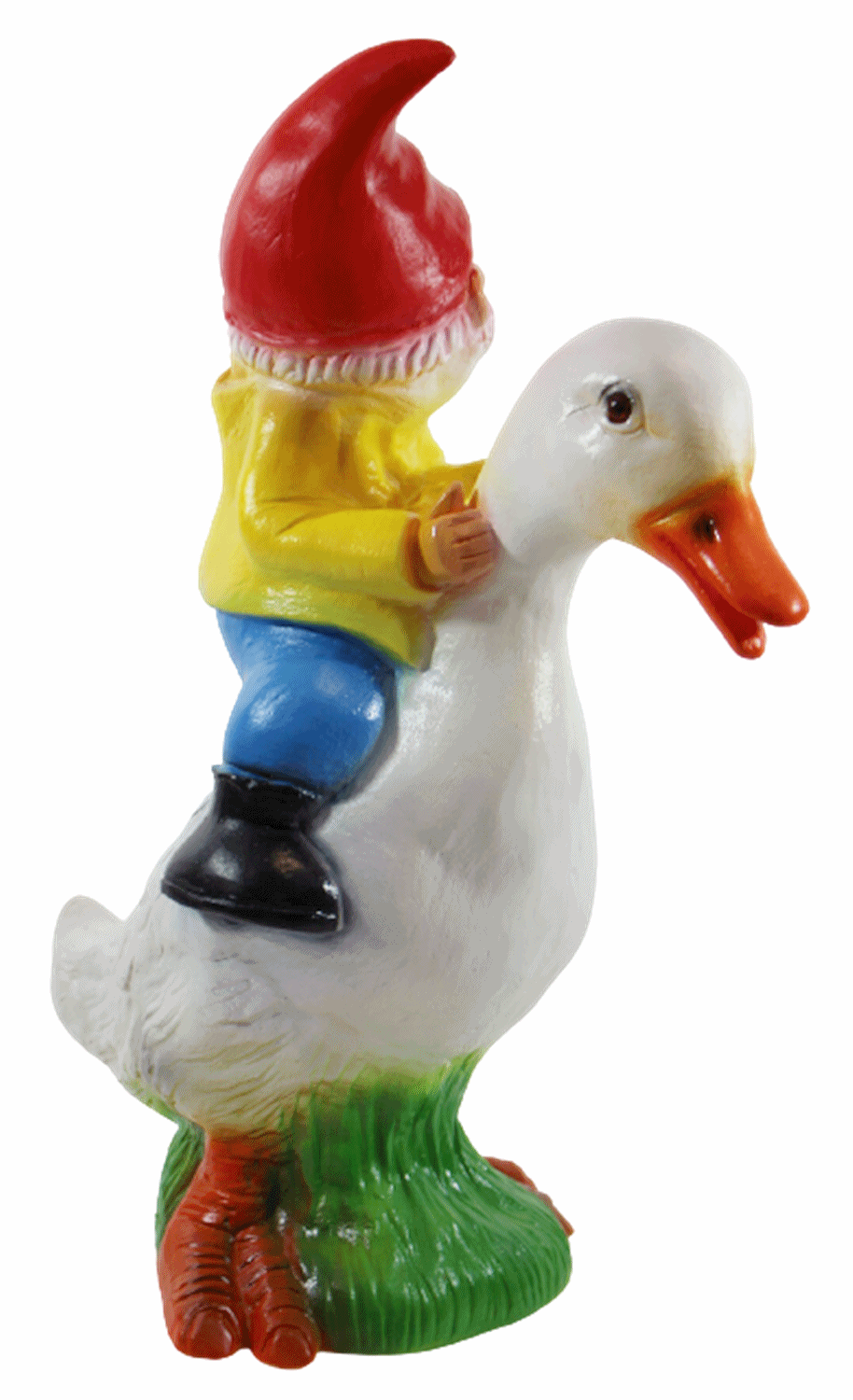 Gartenzwerg Deko Garten Figur Zwerg sitzend auf Ente Gartenfigur aus Kunststoff H 39 cm