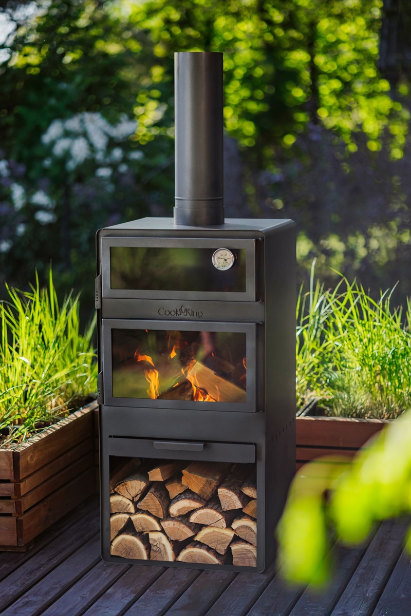 Gartenkamin Vento Pizza-Gartenofen Glastür H 150 cm zum Grillen Heizen Backen und Kaminregal