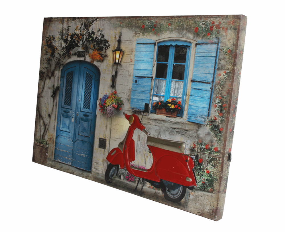 Nostalgie LED-Wandbild Gasse mit roter Roller Vespa Vintage Stil 40x60 cm Leinwandbild