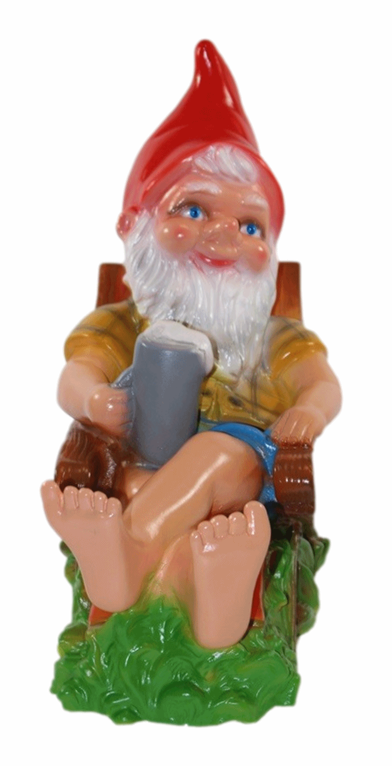 Deko Figur lustiger Zwerg H 31 cm Spaß Gartenzwerg auf Liegestuhl Gartenfigur aus Kunststoff