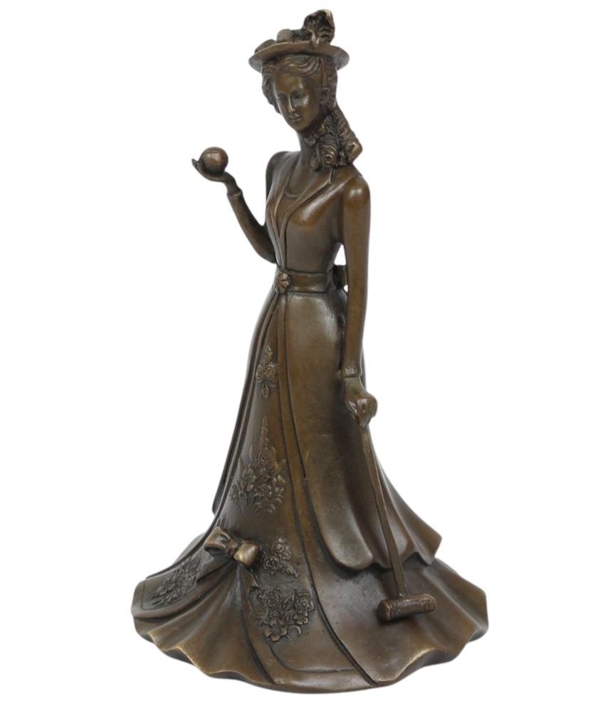 Bronze Tischglocke im Jugendstil mit Golferin Frau Motiv H 17 cm Elegante Tisch Golf Dekoration