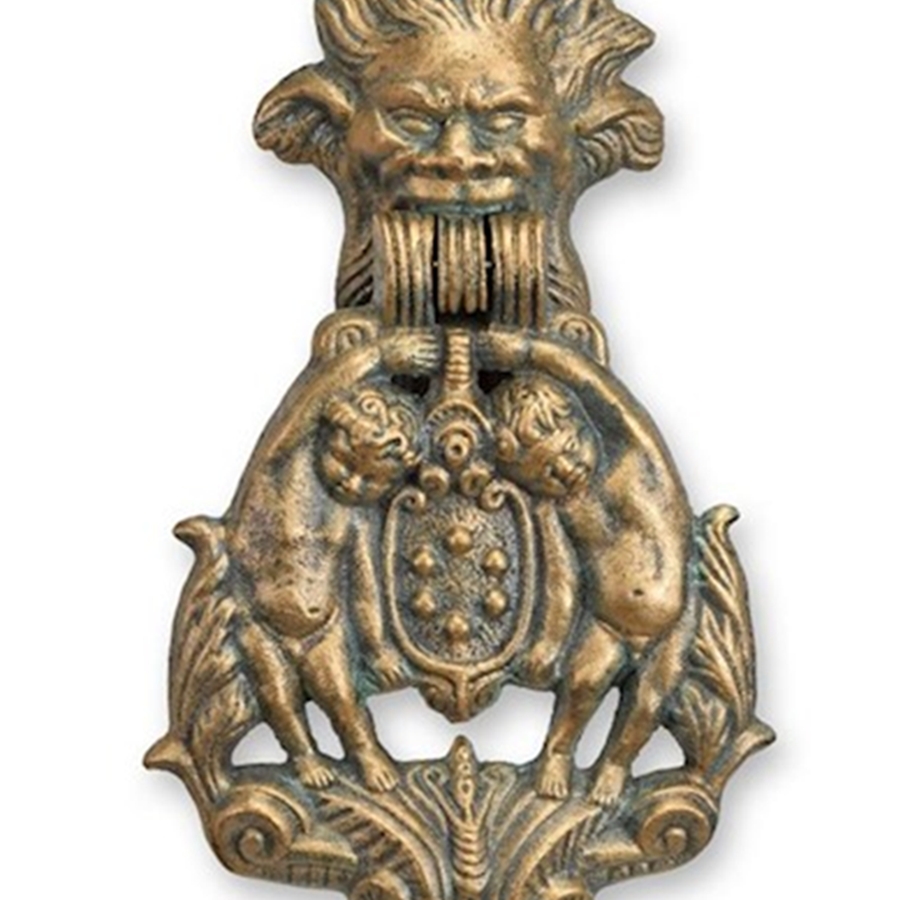 Türklopfer Satyr &  2 Putten im Renaissance-Stil H 34,3 cm Gusseisen Türdekoration in Bronzeoptik