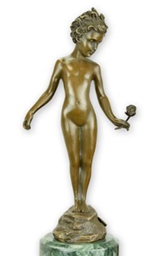 Bronzefigur Bronzeskulptur Bronze Figur Mädchen mit Rose H 31 cm aus Bronze