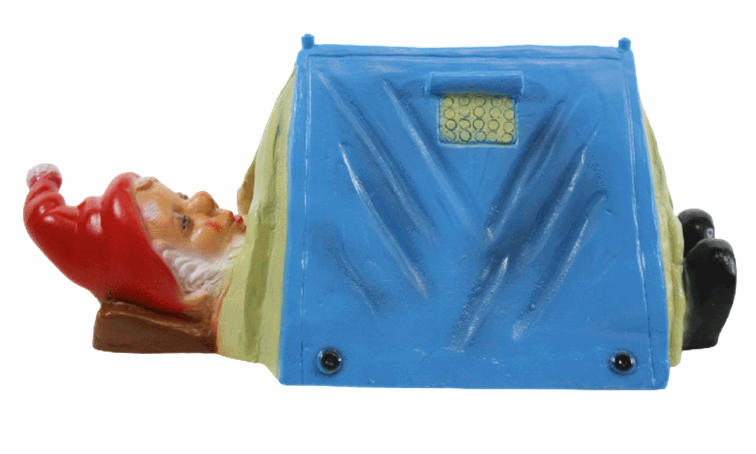 Gartenzwerg Deko Garten Figur Zwerg Camper liegend im Zelt schlafend aus Kunststoff H 14 cm