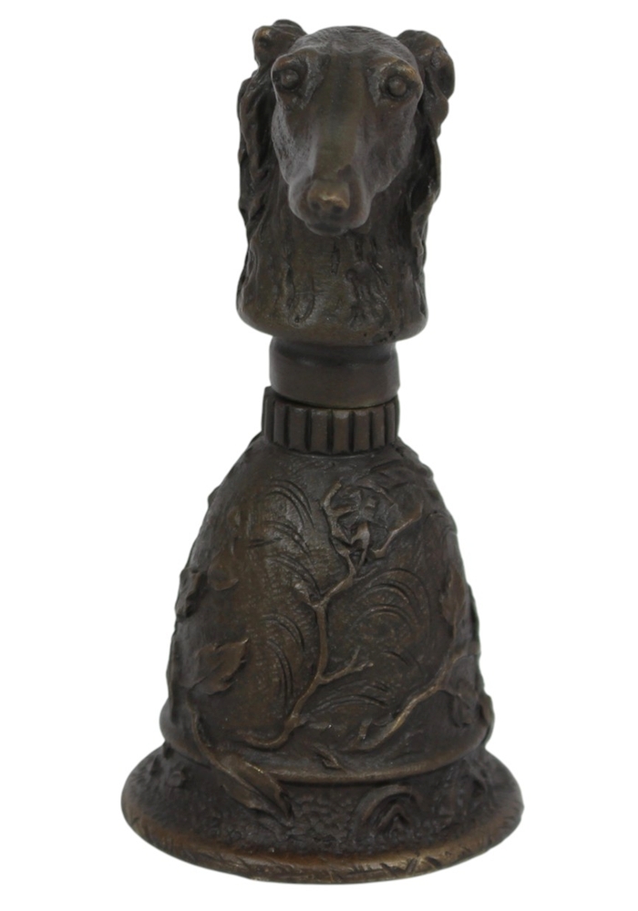 Bronzefigur Hund als Tischglocke H 9,8 cm Barsoi Windhund Bronze Handglocke mit Hundekopf Jugendstil