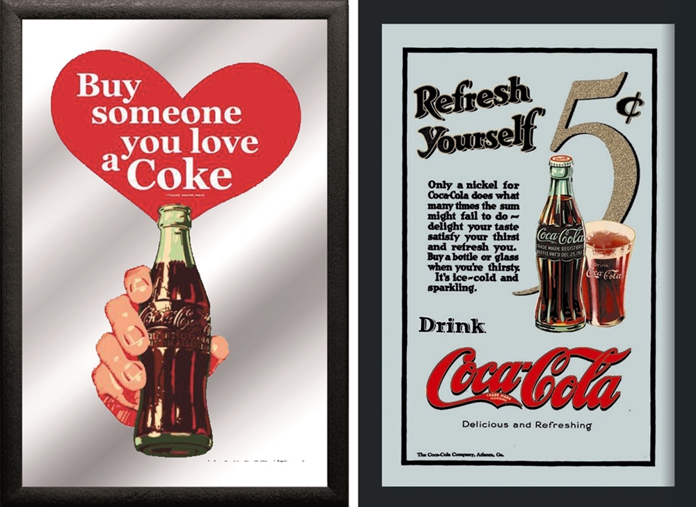 Set: 2 Spiegelbilder Coca-Cola Flasche Vintage Buy someone you love a Coke 30x20 cm Wandbilder