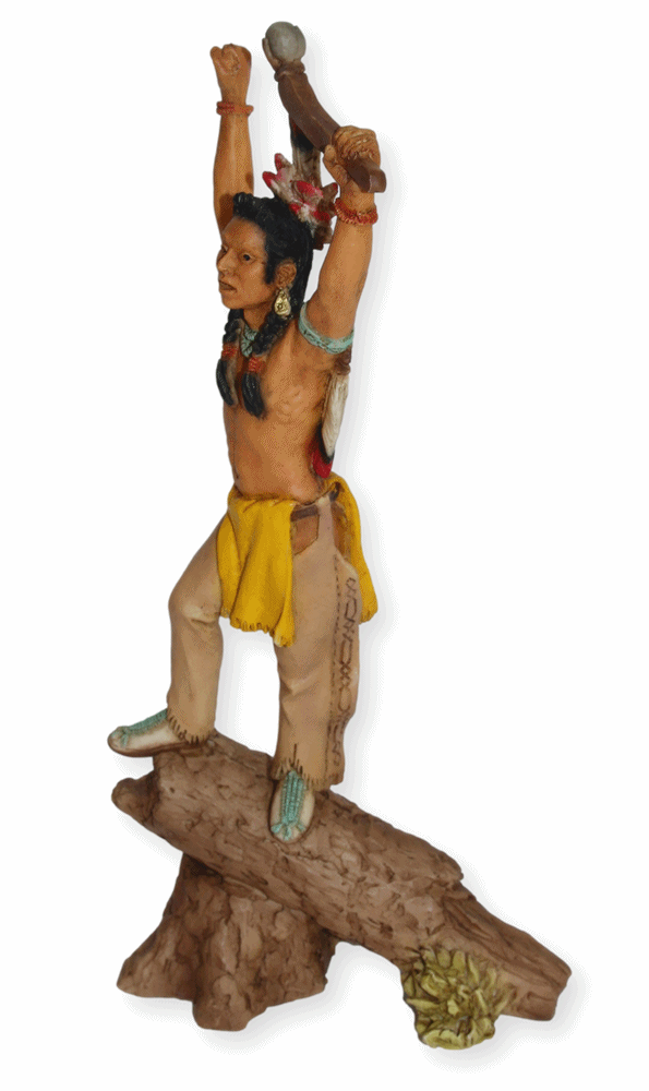 Indianerfigur Massasoit H 24 cm Wasamegin Gelbe Feder mit Kopfschmuck stehend auf Holzstamm Castagna