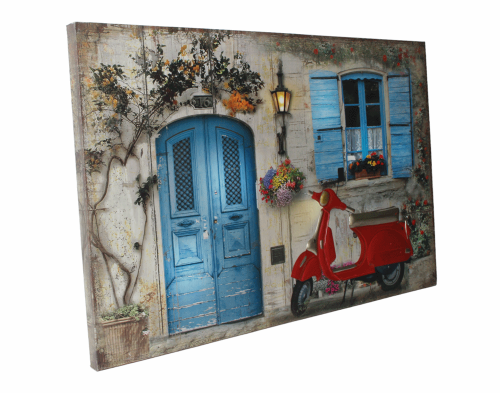 Nostalgie LED-Wandbild Gasse mit roter Roller Vespa Vintage Stil 40x60 cm Leinwandbild