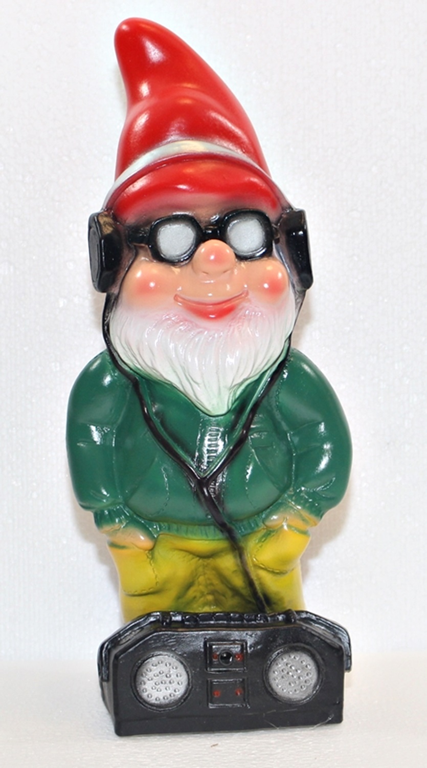 Gartenzwerg stehend Cool Zwerg mit Radio und Brille H 34 cm  Scherz Bewegungsmelder Pfiff Ha-Ha