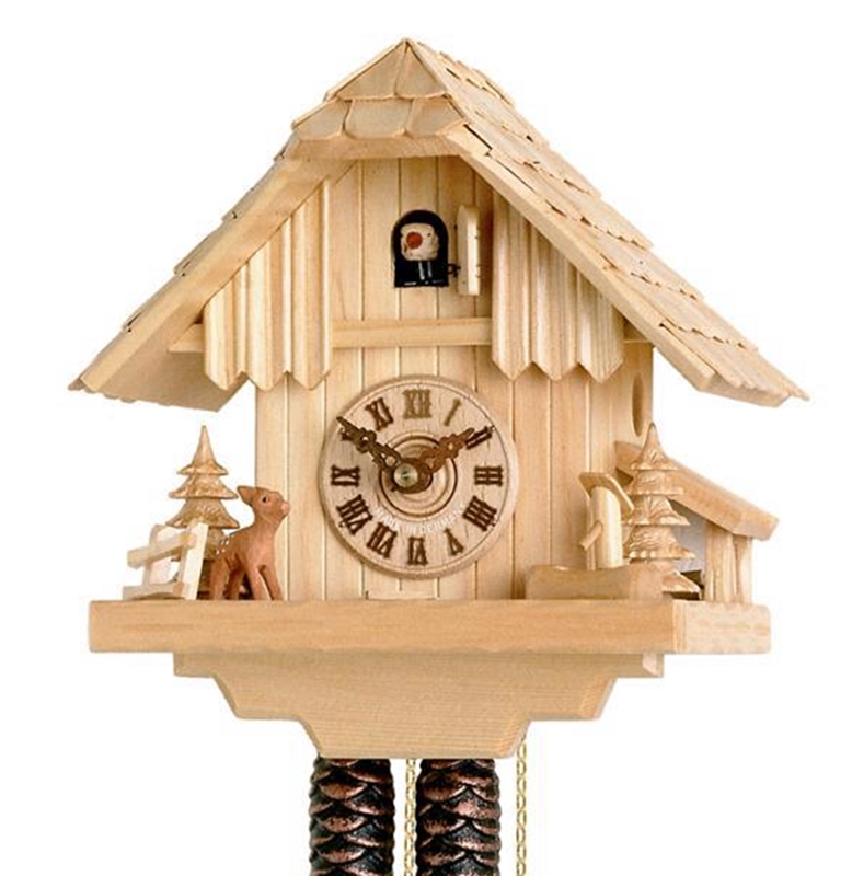 Traditionelle Kuckucksuhr Häuschen aus hochwertigem hellem Ahornholz, H 20 cm, mechanisches Uhrwerk