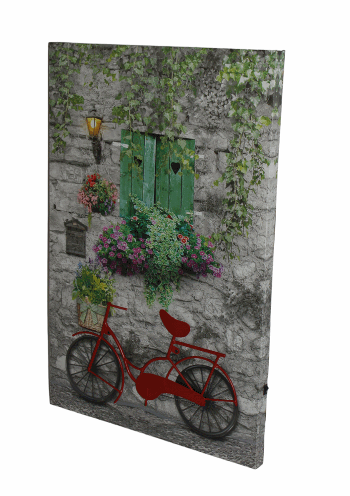 Nostalgie LED-Wandbild Gasse mit rotem Fahrrad Vintage Stil Blumen 60x40 cm Leinwandbild