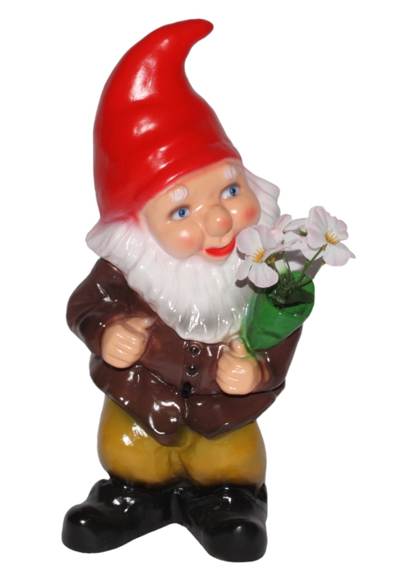 Gartenzwerg mit Scherzbewegungsmelder Zwerg mit Blumenstrauß Dekofigur aus Kunststoff H 45 cm