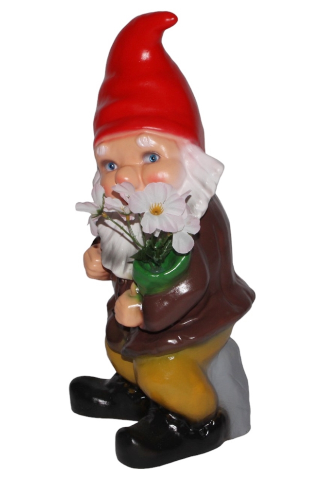 Gartenzwerg mit Scherzbewegungsmelder Zwerg mit Blumenstrauß Dekofigur aus Kunststoff H 45 cm