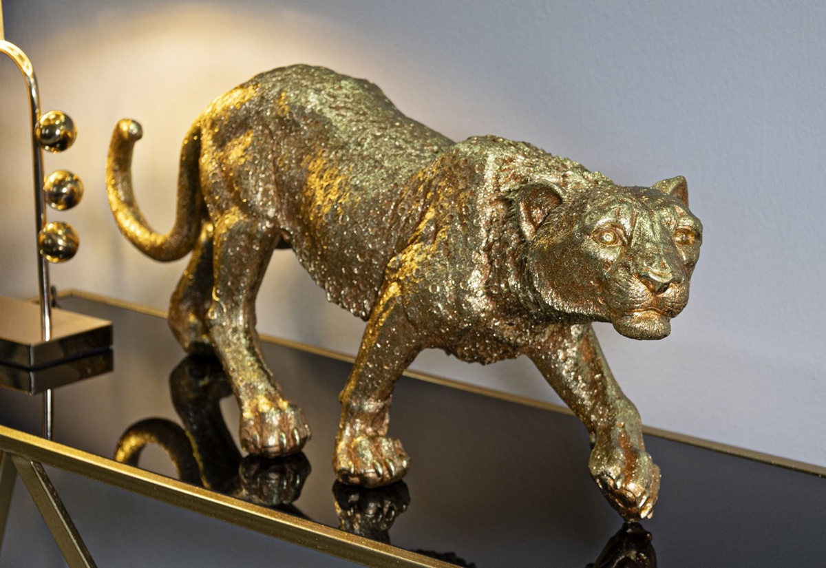 Dekofigur Leopard laufend Tierfigur in edlem Gold Fell detailliert strukturiert Länge 89 cm