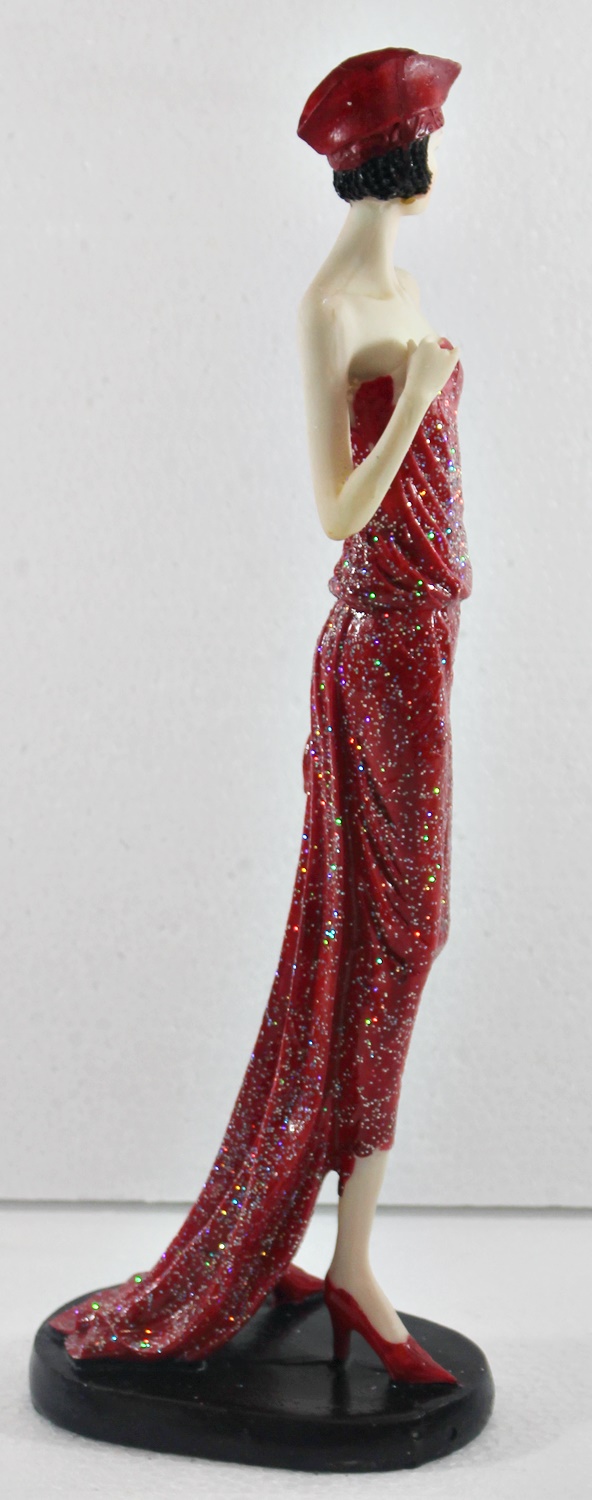 Beauty Figur Deko Modefigur Modepuppe Nostalgiefigur Dame rotes Kleid mit roter Mütze aus Resin