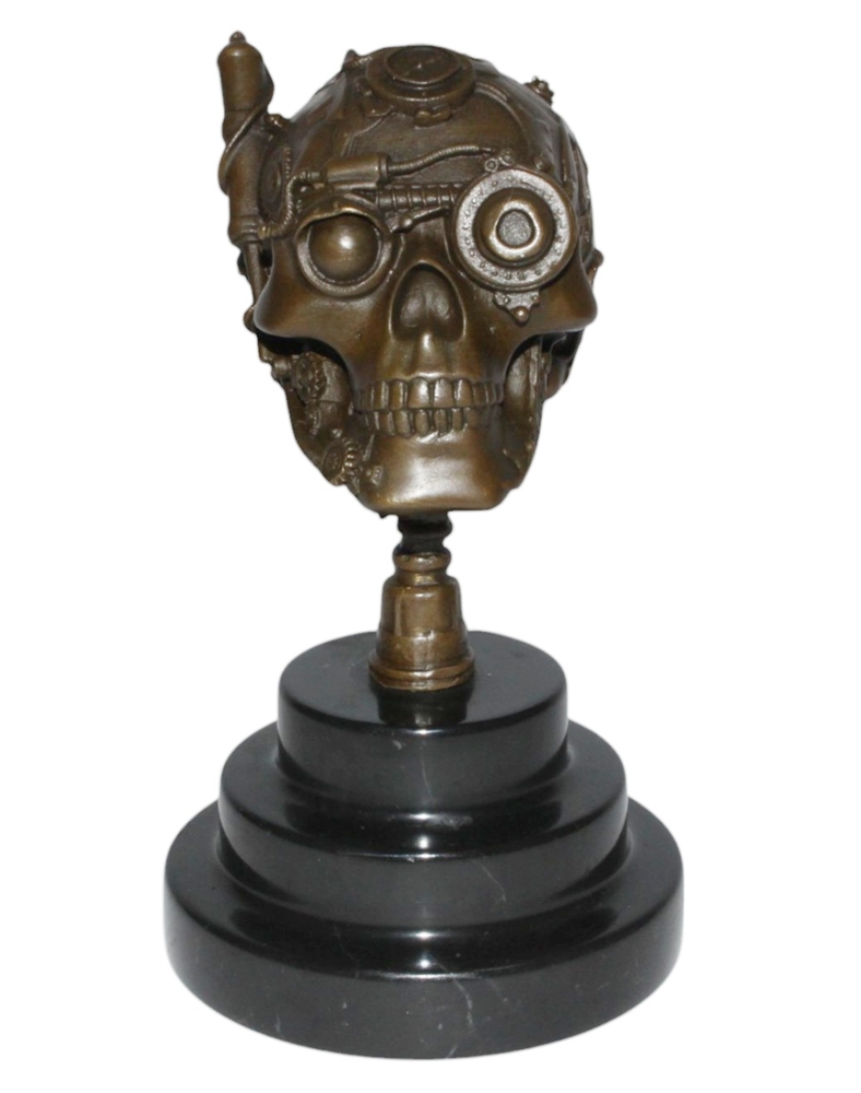 Bronzefigur Bronzeskulptur Bronze Steampunk Schädel auf Sockel Höhe 19 cm Skelett Figur