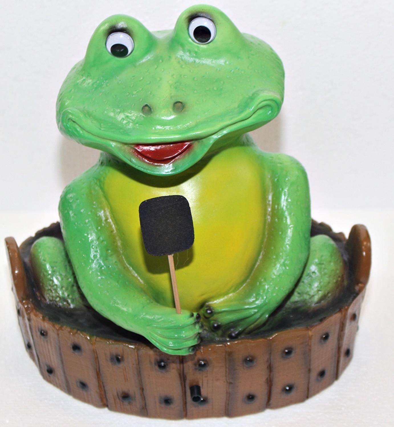 Deko Figur lustiger Frosch badend im Zuber H 28 cm mit Scherz Bewegungsmelder Quak Gartenfigur