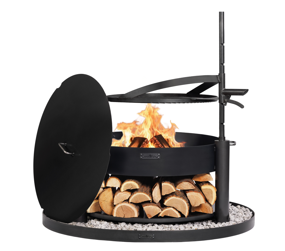 Feuerschale 80 cm SET MONTANA X mit Grillrost, Deckel & Steinbasis 100 cm – Feuerstelle Garten